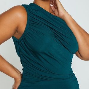 Emerald green ruched dress one shoulder